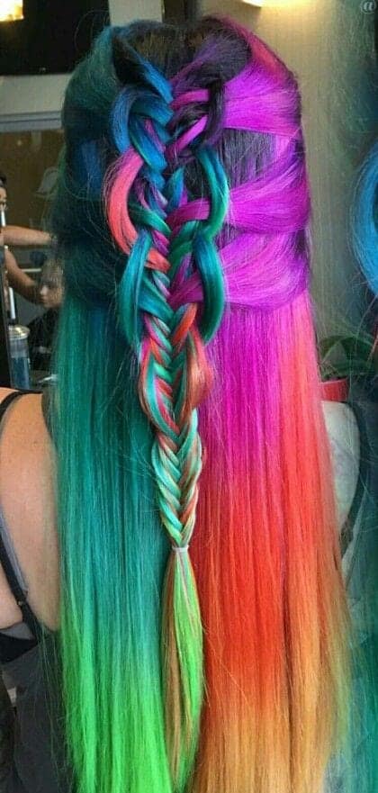 Purple red rainbow dyed braided hair color