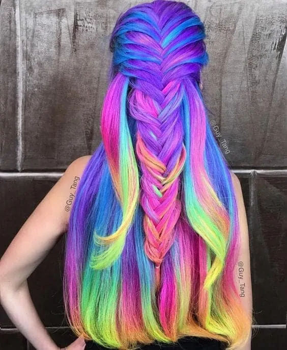Bright rainbow dyed braided hair color
