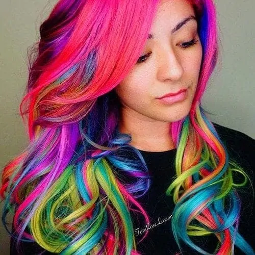Dark to Light Purple Rainbow Curls Long Hair Color Ideas