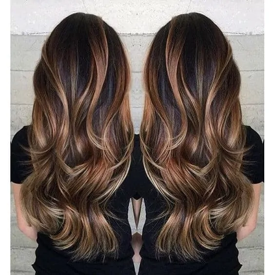 Gorgeous long brunette hair with rich blonde balayage hair color
