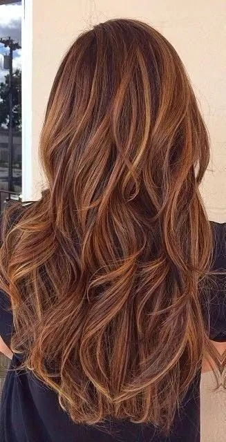 Long Hair with Caramel Highlights for Brunettes